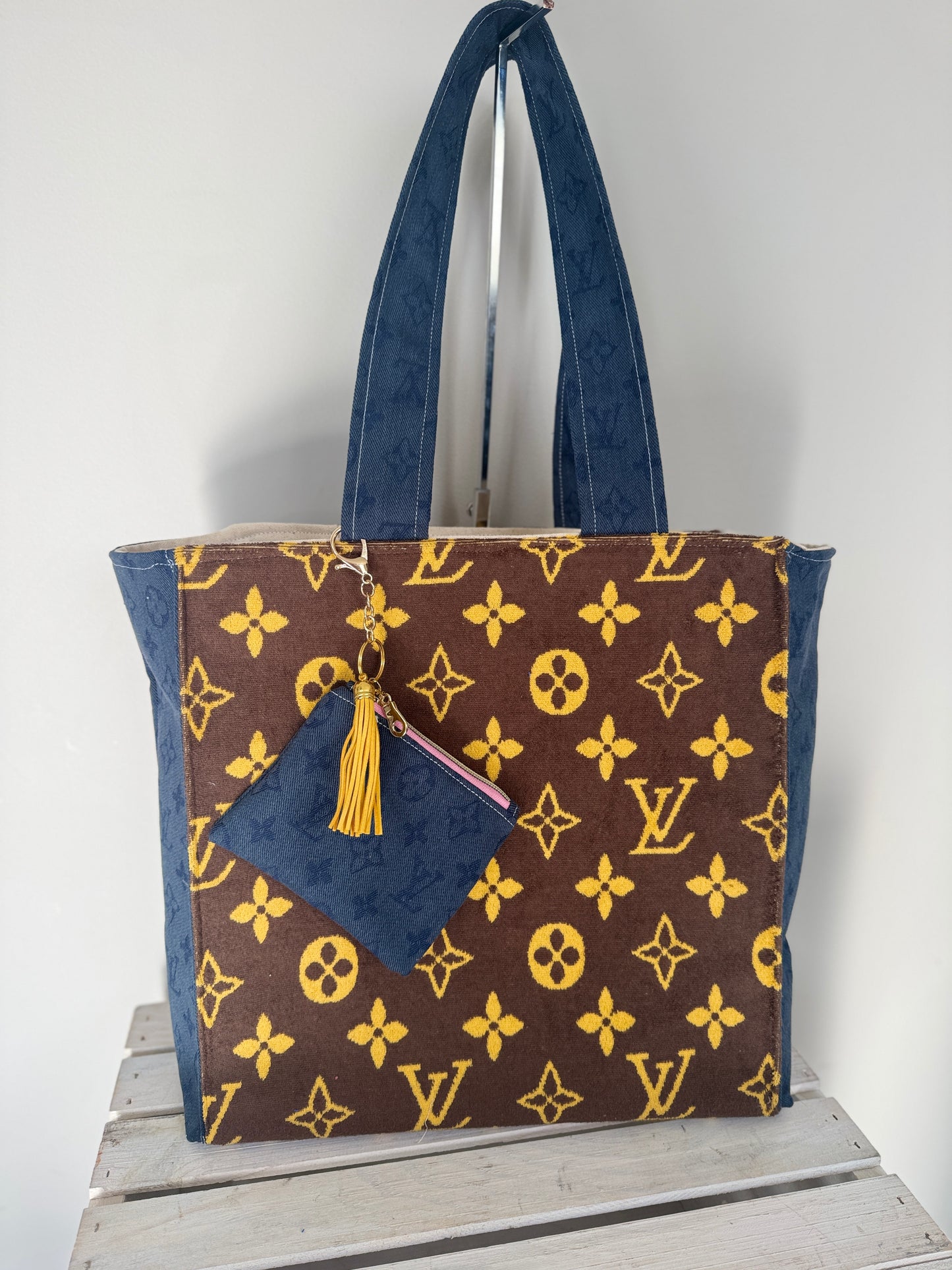 Designer Inspired Towel/Denim Tote (brown)