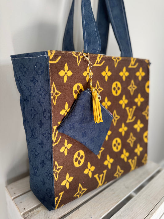 Designer Inspired Towel/Denim Tote (brown)
